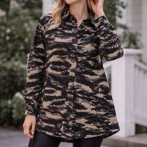 Topshop Camo Oversized Cotton Tunic Shirt Long Sleeve Button Cuff